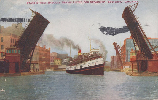 ZAYIX Postcard Great Lakes Steamship Soo City State Street Bascule Bridge Lifted