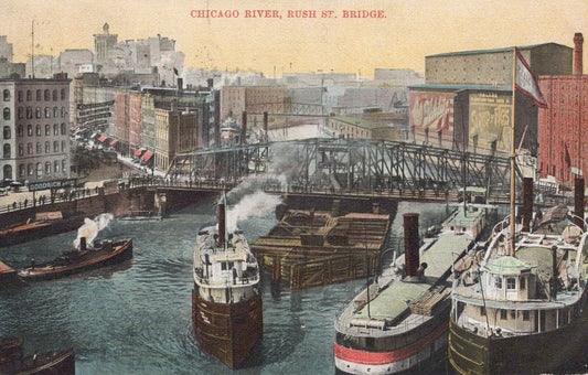 ZAYIX Postcard Steamers Rush Street Bridge Chicago R. Jamestown Expo stamp #328