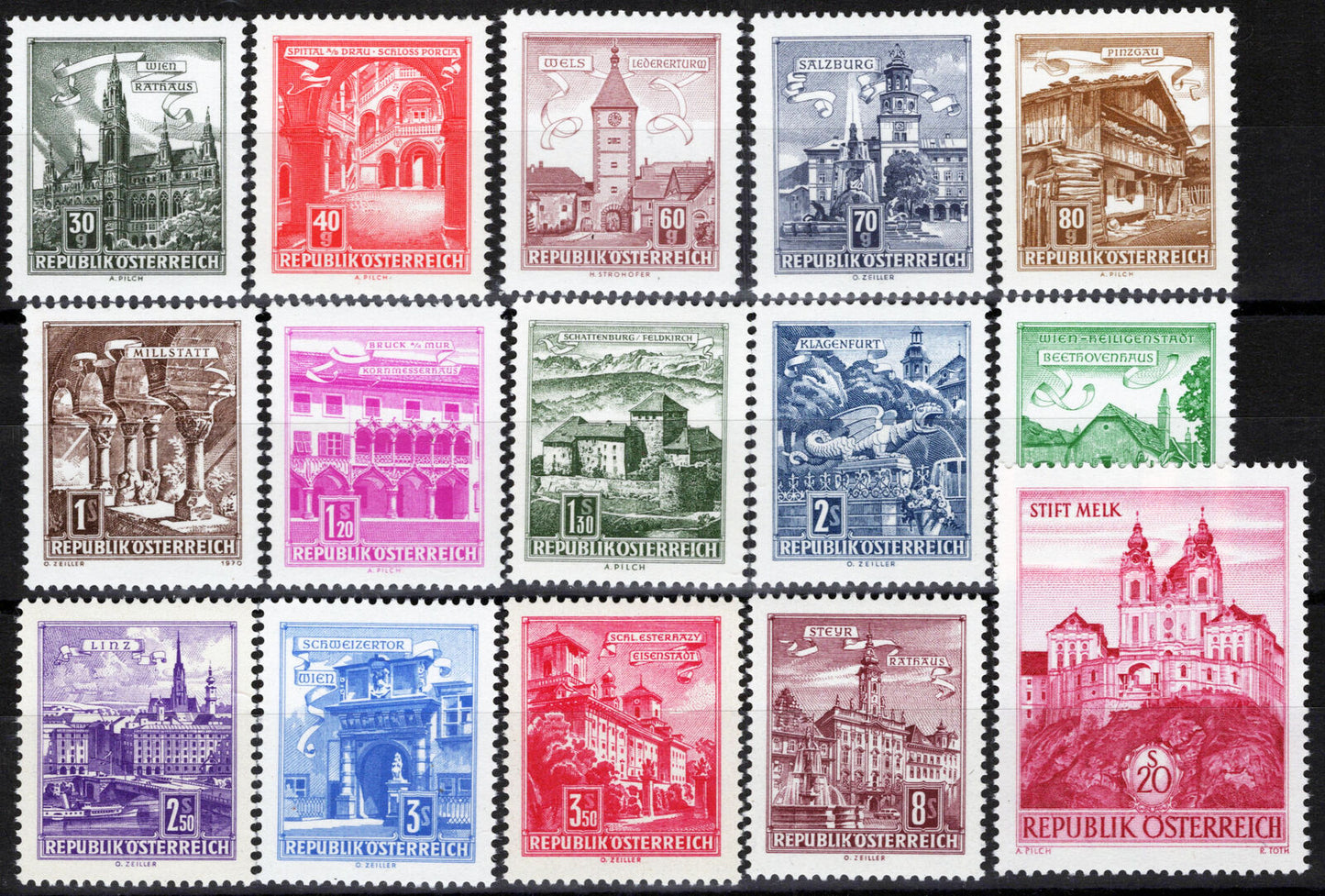 Austria 688-702 MNH Architecture Bridges Castles Farmhouses