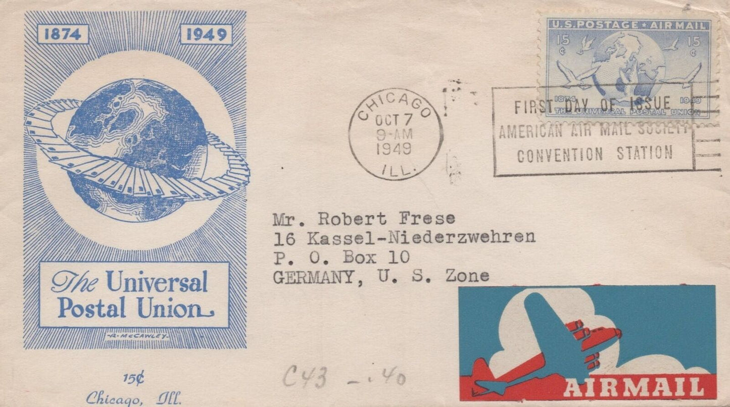 ZAYIX US C43 McCawley cachet FDC to Germany UPU anniversary air USFM102023094
