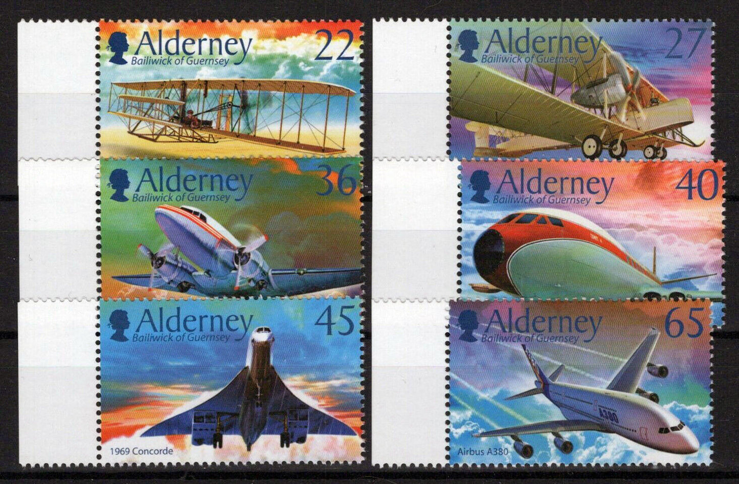 Alderney 203-208 MNH Aviation Planes Wright Flyer Airbus