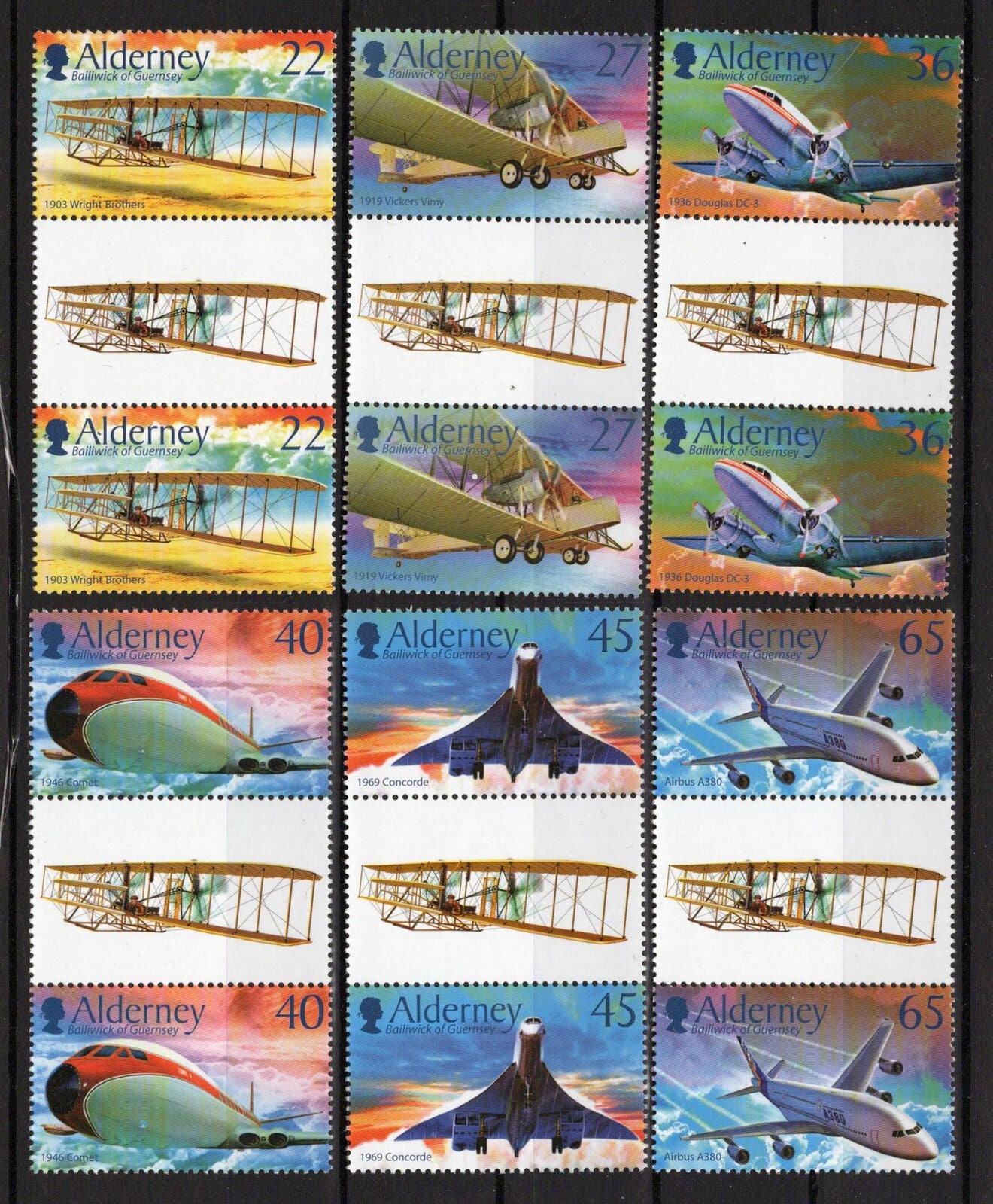 Alderney 203-208 MNH Pairs Aviation Planes Wright Flyer Airbus