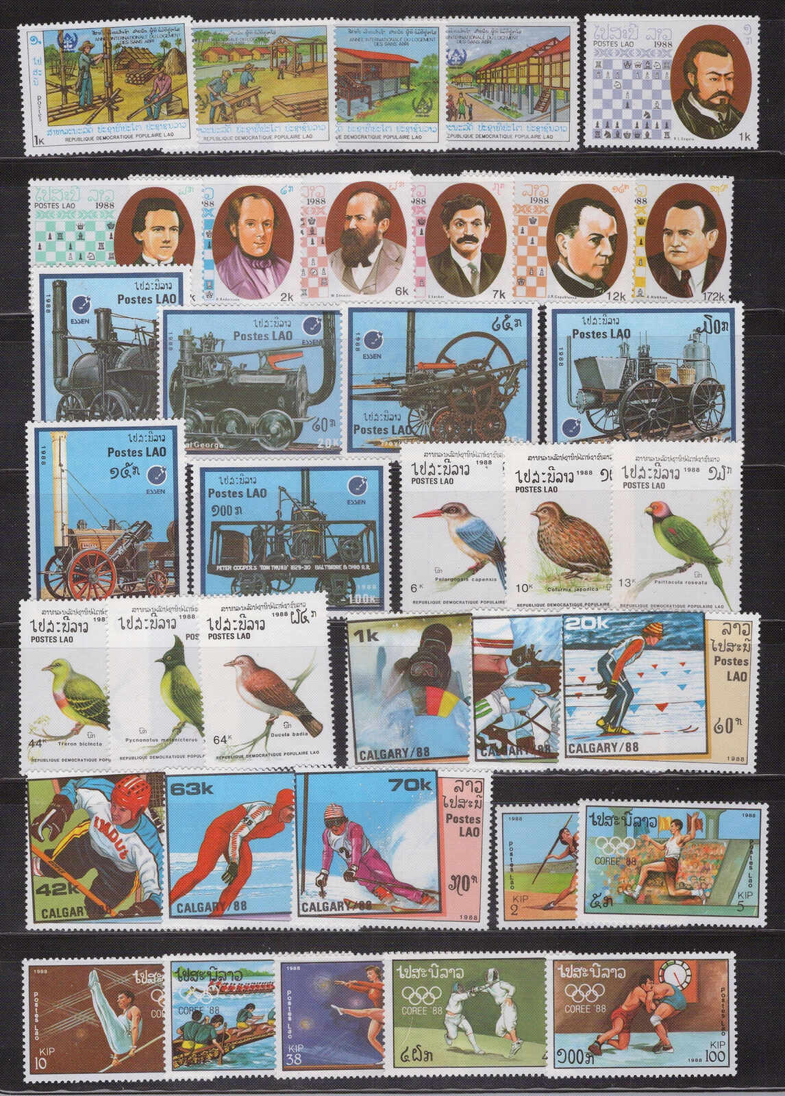 Laos MNH Collection Sets 1988 Birds Olympics Locomotives