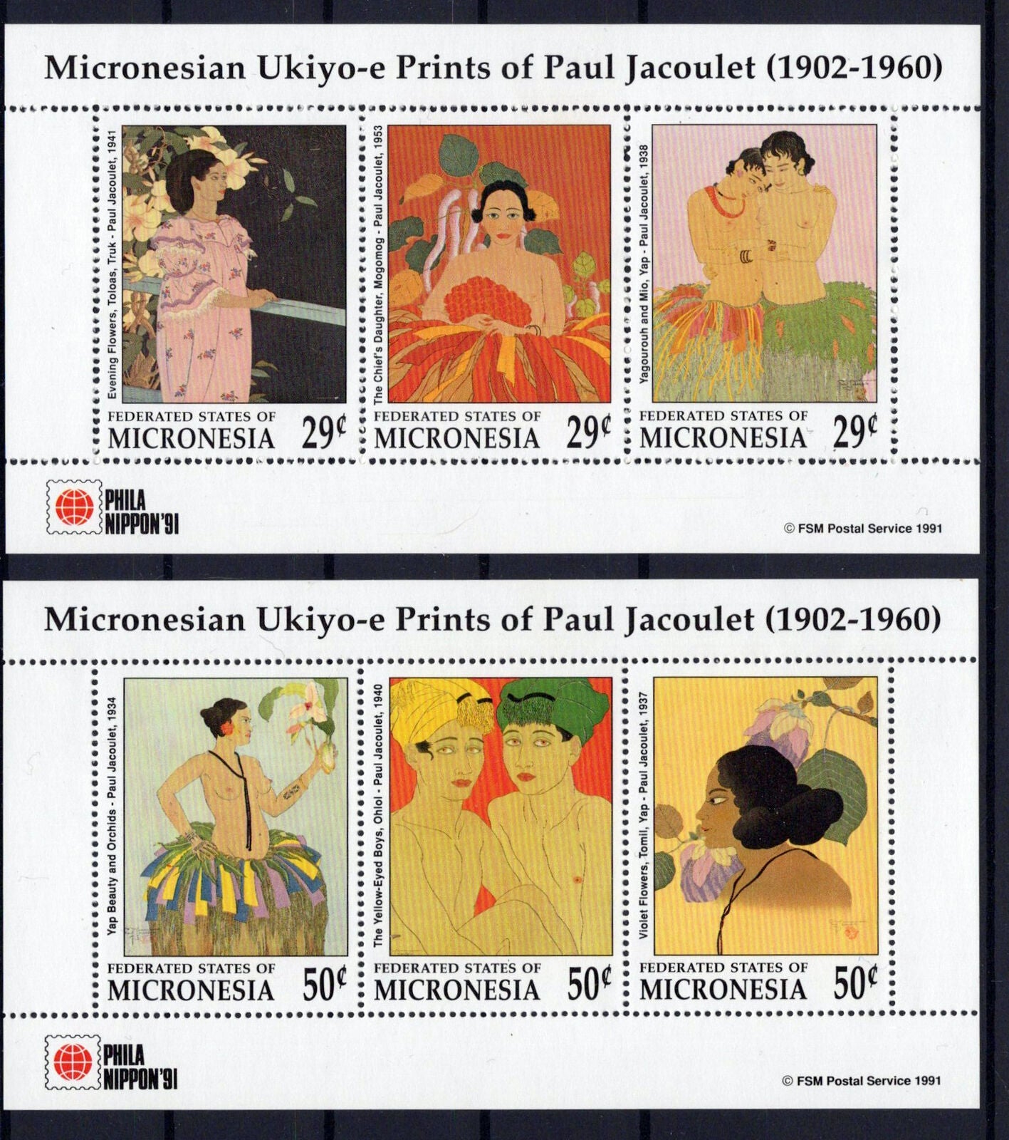 Micronesia 143-145 MNH Nudes Prints Paul Jacoulet Artwork