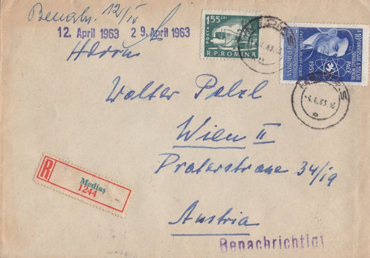 Romania 1963 Registered Cover to Austria Nuclear Physics Peace