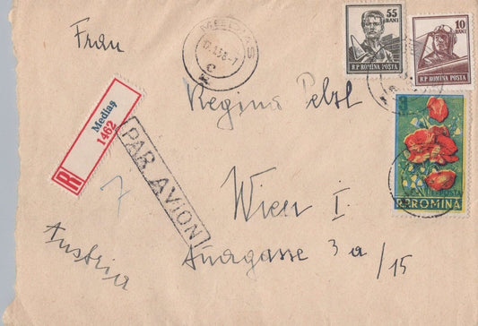 Romania Cover 1958 3.65L Registered Air Mail to Austria Flowers