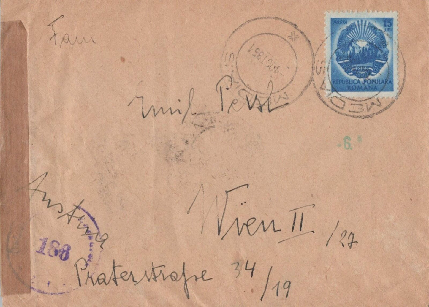 Romania Cover 1951 15L Censored Letter to Austria