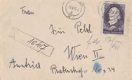 Romania Cover 1956 Registered Letter to Austria Poetry Whitman