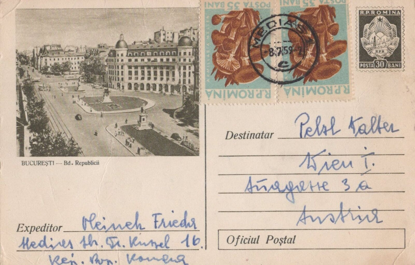 Romania Cover 1959 Postal Card to Austria Bucharest Town Square