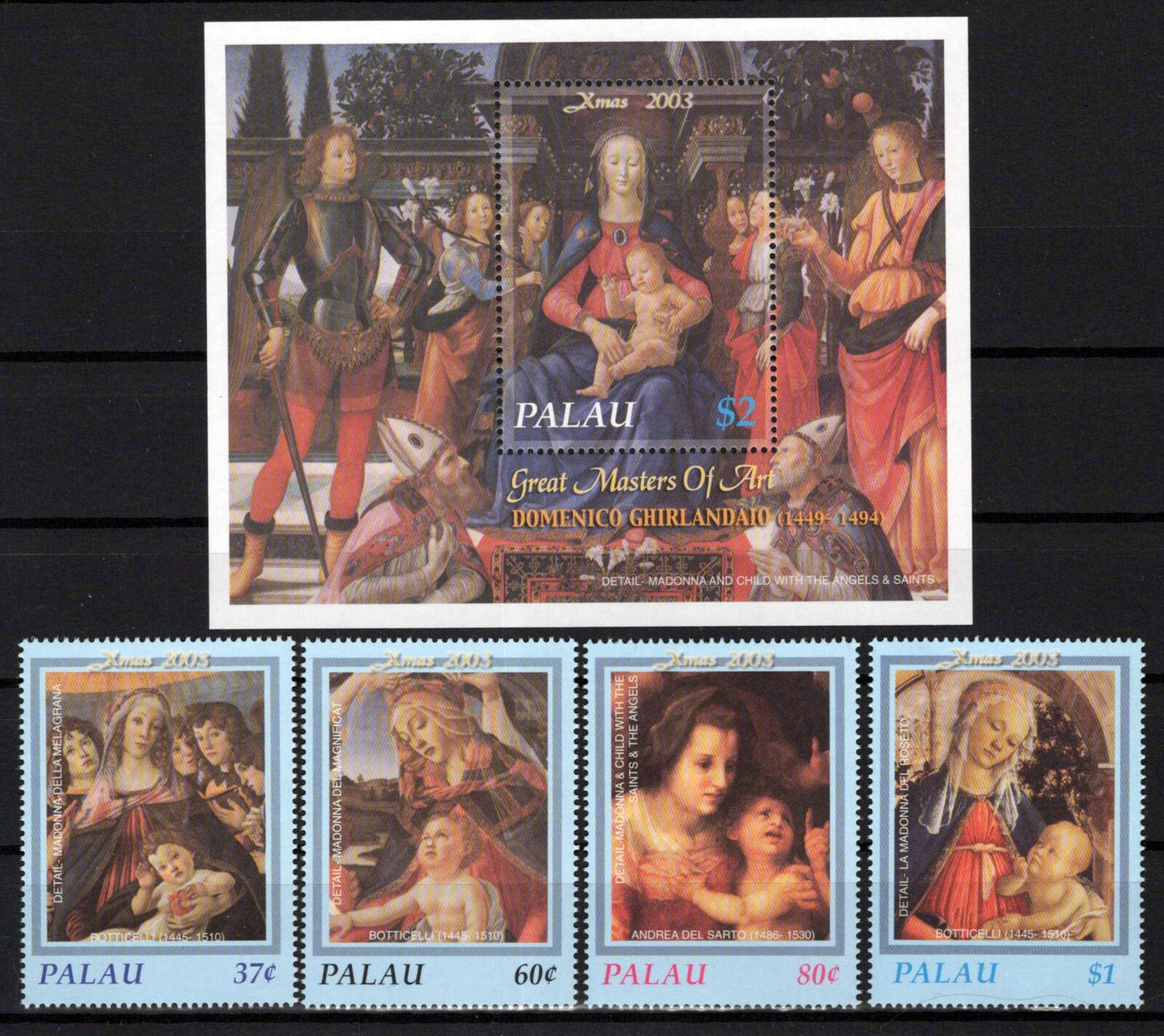 Palau 741-745 MNH Christmas Paintings of Masters Madonna & Child