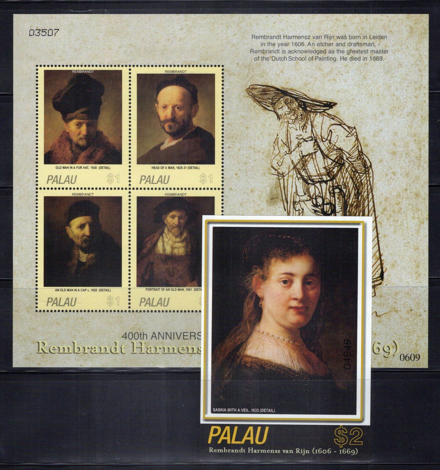 Palau 858-859 MNH Paintings Rembrandt Art Women