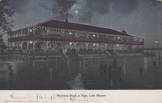 ZAYIX US Postcard Manhattan Beach at Night, Lake Manawa, Omaha NE 0324M0369