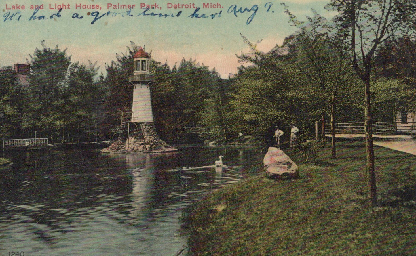 ZAYIX US Postcard Lake & Lighthouse, Palmer Park, Detroit, MI Machine 0324M0357