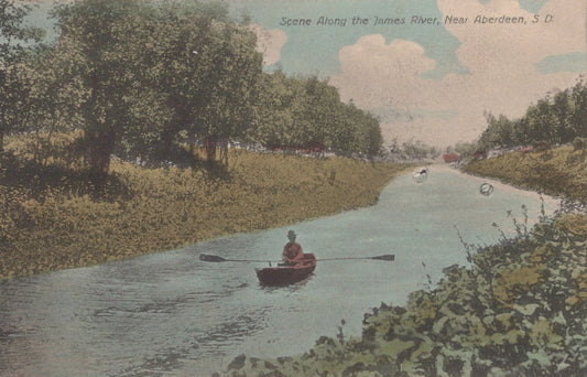 ZAYIX US Postcard James River Scene Rowboat, Aberdeen, SD Flag Cancel 0324M0358