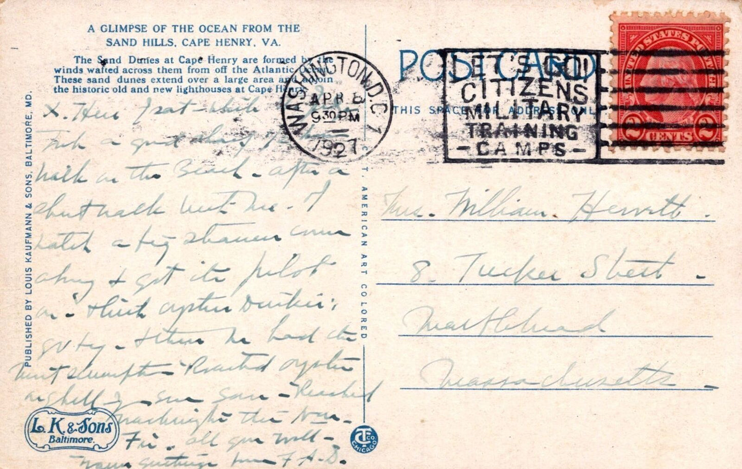 ZAYIX US Postcard Citizen Training Camp slogan Ocean,  Cape Henry VA  0324M0356