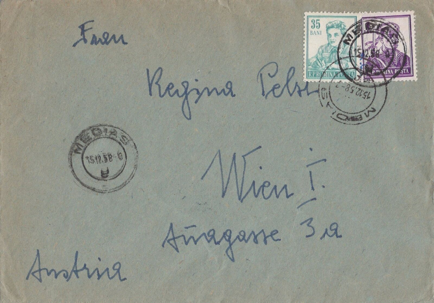 Romania Cover Medias to Austria 1958 ZAYIX 0224M0100