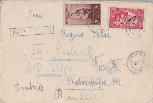 Romania 1955 Registered Air Mail Cover to Austria Costumes Globe ZAYIX 0224M0112