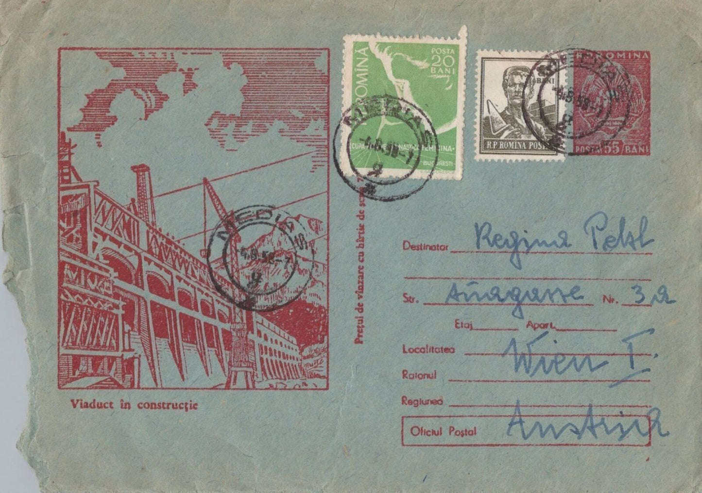 Romania Cover 1958 Postal Stationery Viaduct Mailed to Austria ZAYIX 0224M0119