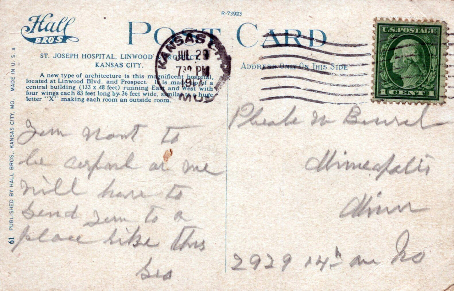 ZAYIX US Postcard St. Joseph Hospital, Linwood & Prospect, Kansas City 0324M0191