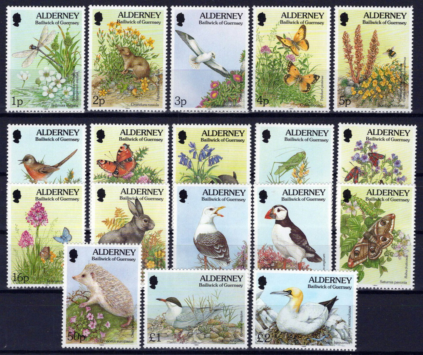 Alderney 70-87 MNH Birds Insects Animals Flowers