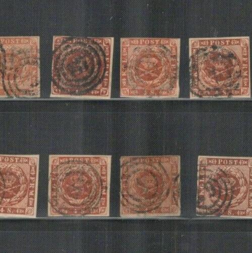 Denmark 4 & 7 Royal Emblem CV $2200+ Postmark Collection 1854-62 ZAYIX 0524L0112