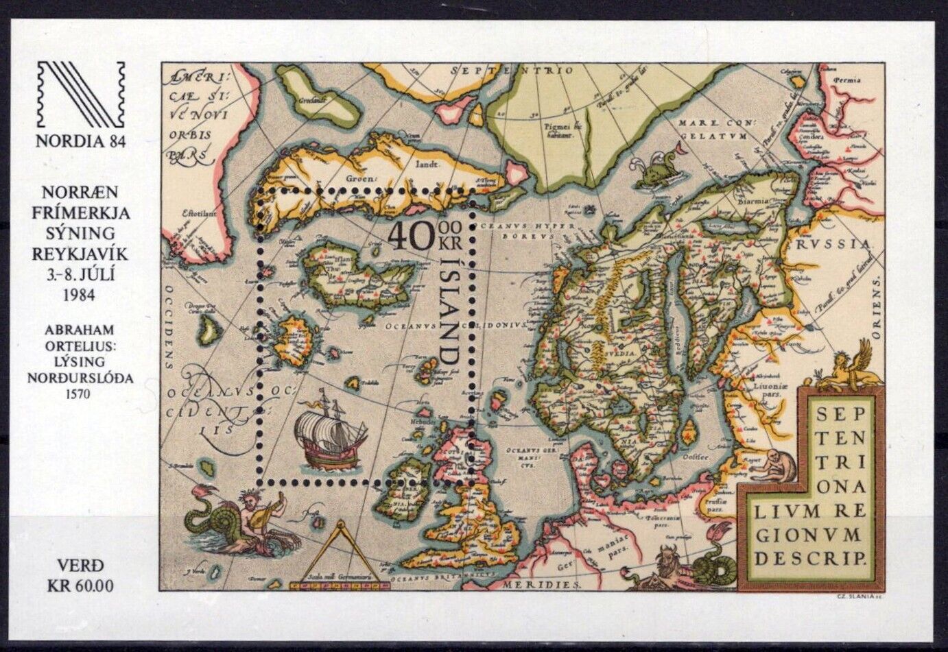 Iceland 590 MNH NORDIA 84 Ortelius Map of Northern Europe Ships ZAYIX 0824S0051M