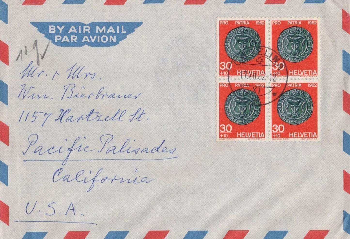 Switzerland Cover Semi-Postal Air Mail to US Ancient Coins block 0224M0042