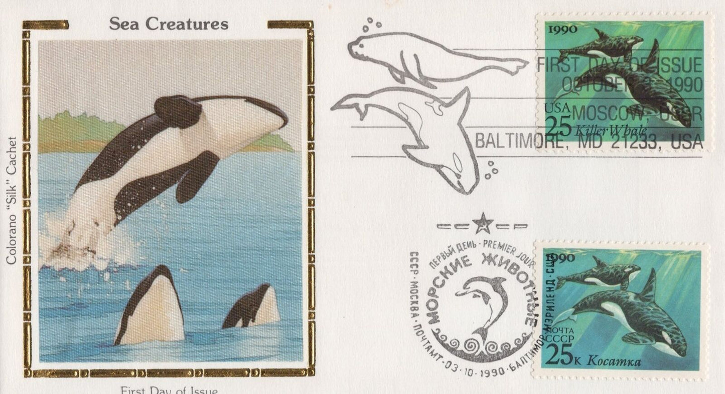 US Colorano 'Silk' FDC 2508-11 Sea Life with Russian Stamps & Dual Cancel