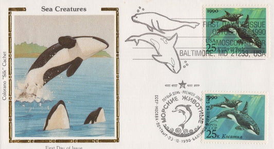 US Colorano 'Silk' FDC 2508-11 Sea Life with Russian Stamps & Dual Cancel