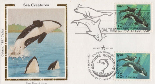 US Colorano 'Silk' FDC 2508-11 Sea Life with Russian Stamps & Dual Cancel
