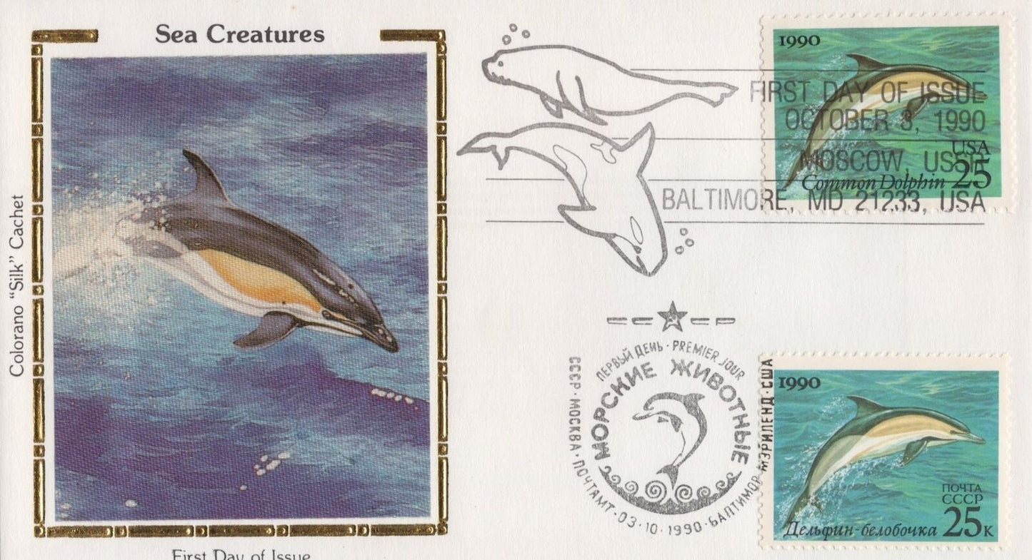 US Colorano 'Silk' FDC 2508-11 Sea Life with Russian Stamps & Dual Cancel