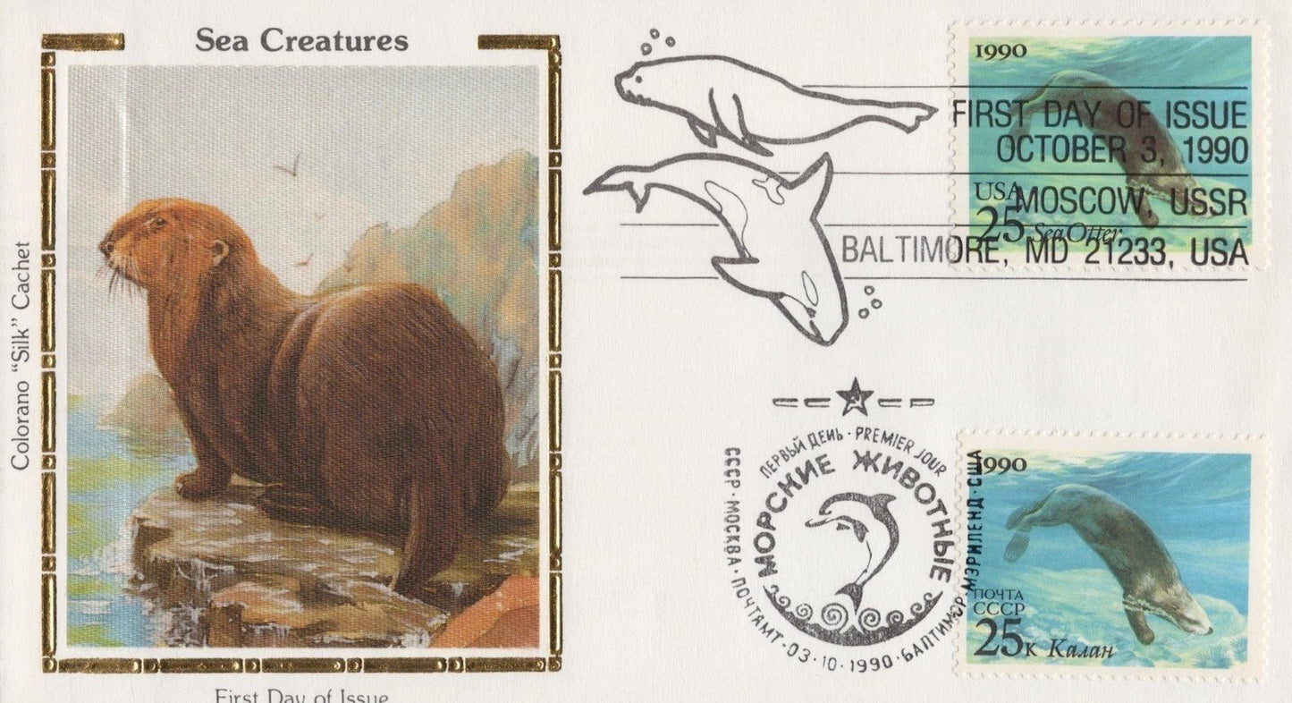 US Colorano 'Silk' FDC 2508-11 Sea Life with Russian Stamps & Dual Cancel