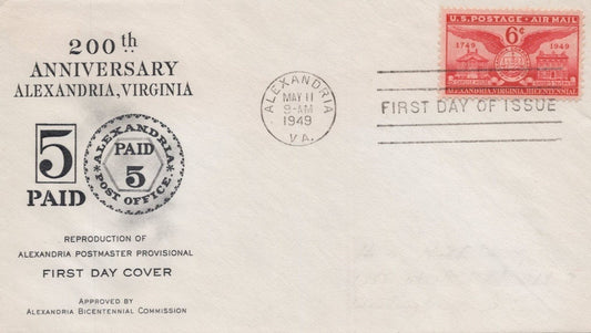 US C40-1 Alexandria Bicent. Com. First FDC UA 6c airmail ZAYIX USFM102023065