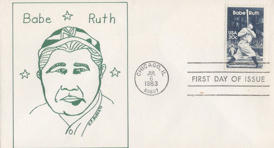 US 2046 FDC J.P. Roberts cachet Babe Ruth sketch in green ZAYIX 1024M0078