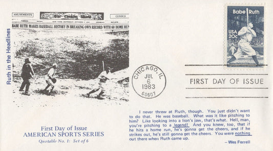 US Baseball Cover, 2046 Quotable cachet FDC Babe Ruth in the Headlines ZAYIX 1024M0076
