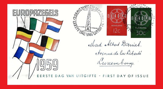 ZAYIX - 1959 Netherlands 379-380 / Mi 735-736 FDC - Europa CEPT / Flags