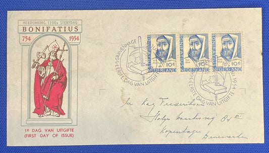 ZAYIX 1954 Netherlands 365 / Mi 643 / NVPH E17 FDC - Saint Boniface strip of 3