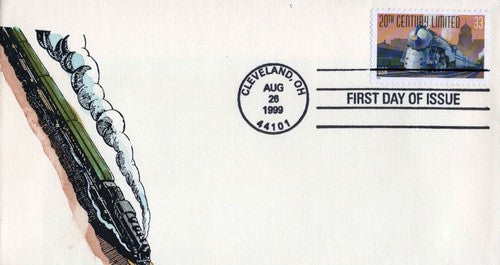 US 3335 FDC Famous Trains, 20th Century Ltd hand-painted SMB01240271 ZAYIX 0124M0271