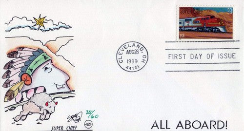 US 3337 FDC Famous Trains, Super Chief hand-drawn limited cachet01240284 ZAYIX 0124M0284