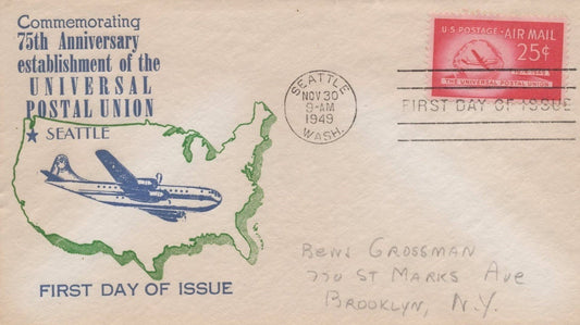 US C44-18 Sanders FDC plane over US map 25c UPU anniv. air ZAYIX USFM102023136