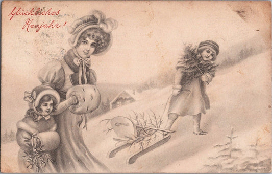 New Year 1910 Pretty Lady & Daughter with sled V.K. Vienne ZAYIX 060522SM89
