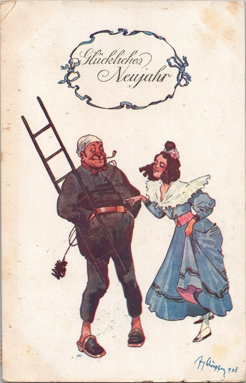 New Year Chimney Sweep Pretty Lady 1910 Artist Signed Numbered ZAYIX 060522SM86