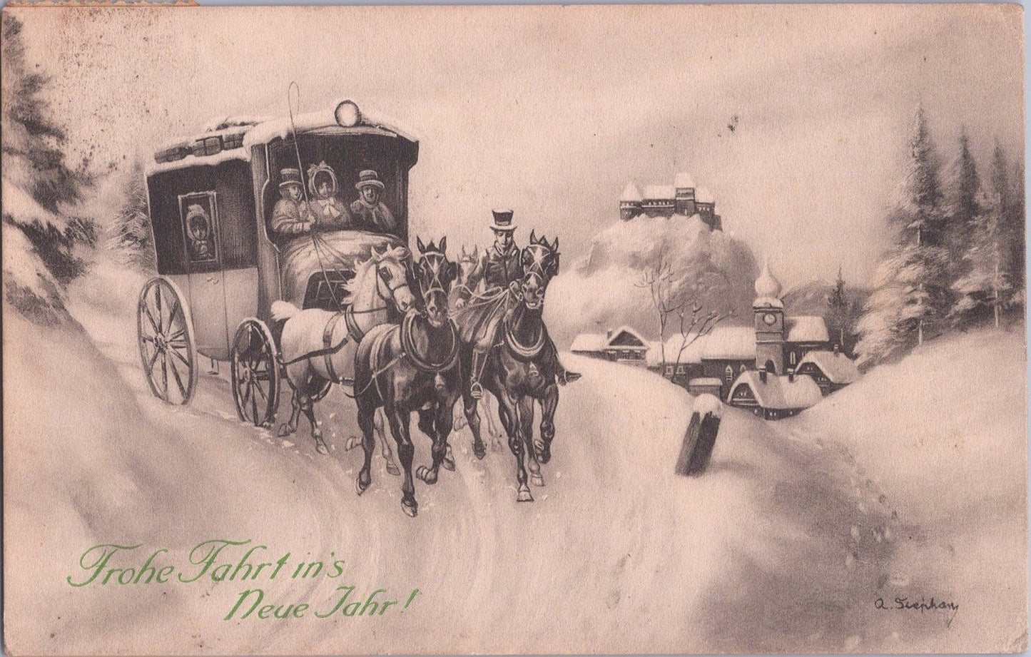 New Year Horse drawn Carriage Snowy Road Castle Artist Signed ZAYIX 060522SM85