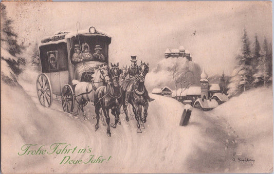 New Year Horse drawn Carriage Snowy Road Castle Artist Signed ZAYIX 060522SM85