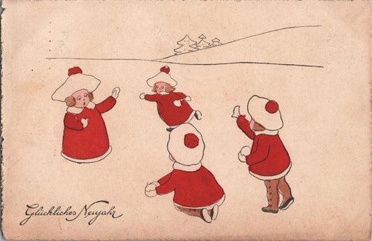 ZAYIX Happy New Year c1914 Germany Bavaria Children in Red Playing in the Snow