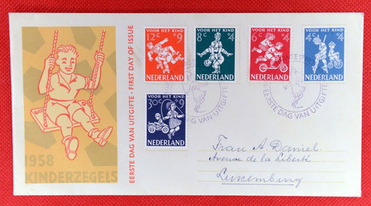 ZAYIX - 1958 Netherlands B326-30 / Mi 723-27 / NVPH E36 FDC - children playing