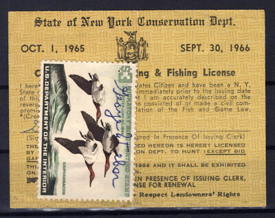 US RW33 used Duck Stamp on New York Hunting License ZAYIX 1024M0211
