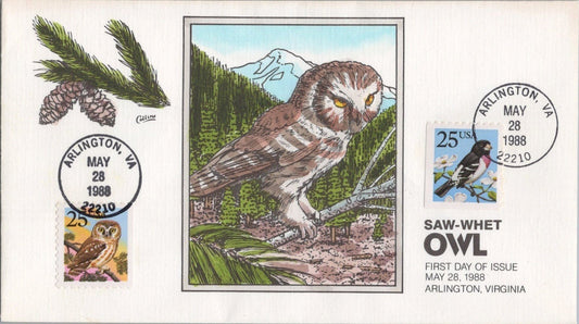 US 2284-2285 Collins Hand Painted FDC Owl Grosbeak Birds ZAYIX 121022SM05
