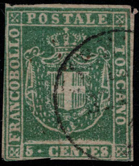 ZAYIX 1860 Tuscany 18 used 5 ct green Coat of Arms Signed Italy  State 031922S03