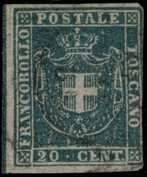 ZAYIX 1860 Tuscany Italy Italian States 20 used 20c blue Coat of Arms 031922-S06